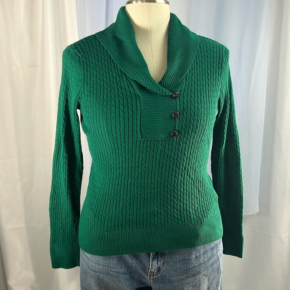 Jeanne Pierre green cable knit cotton v-neck long sleeves sweater medium